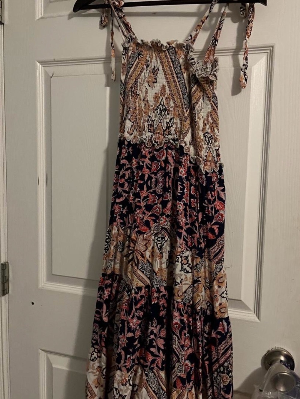 Smocked Boho Maxi Dress in Black, Tan & Pink